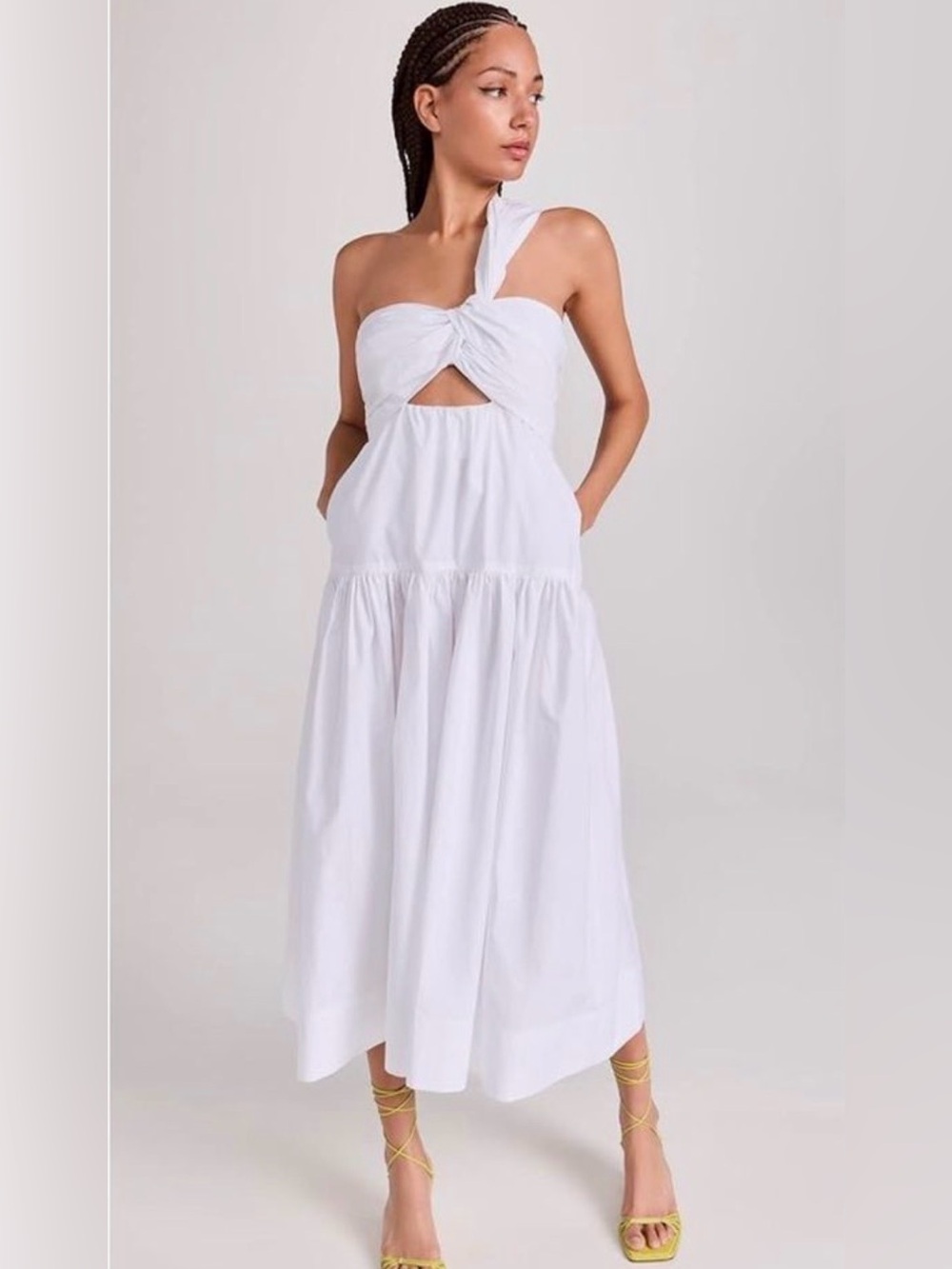 NEW Aubrey Twisted One Shoulder Drop-Waist Midi Dress 100% Cotton White Size 12